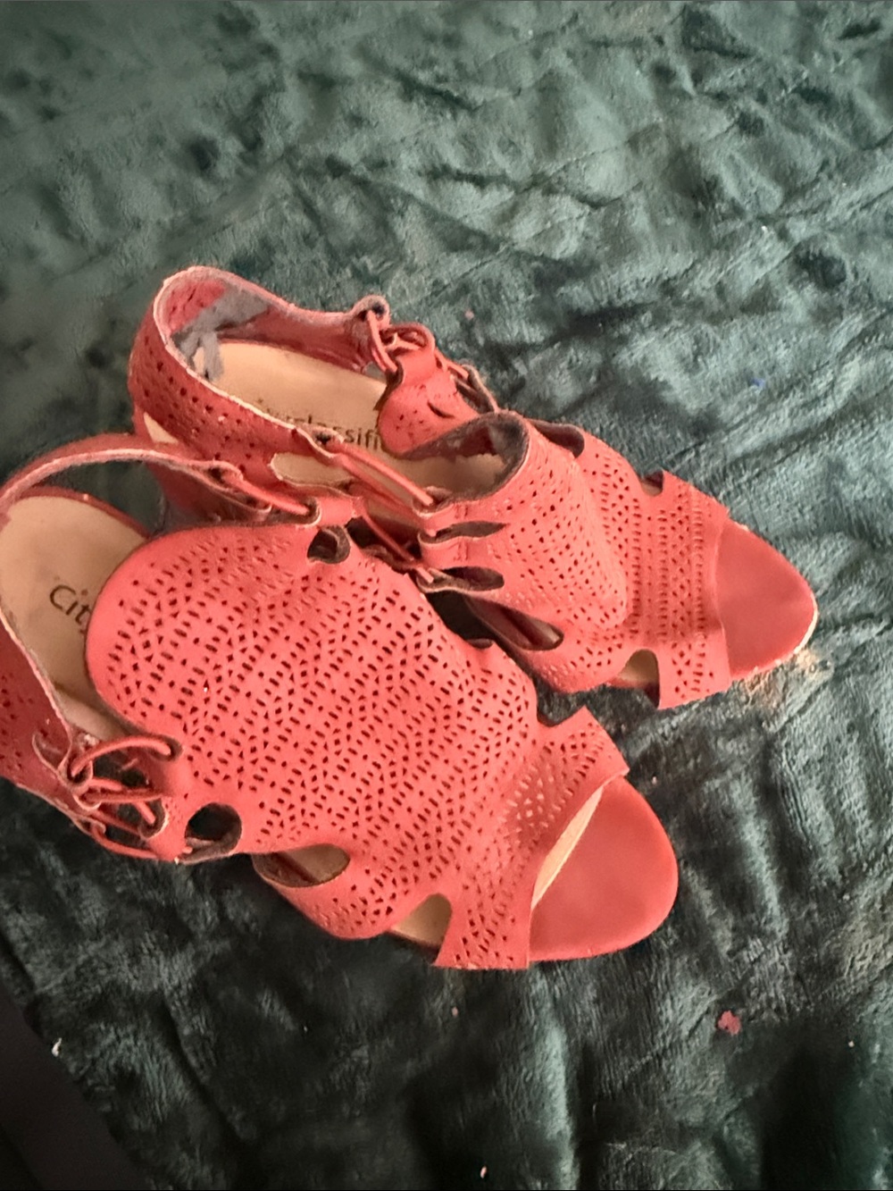 Cityclassified Coral Lace-Up Perforated Peep-Toe Heels